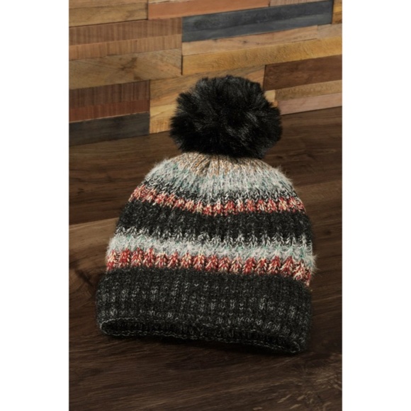 SOLD OUT Colorado Metallic Striped Sherpa Lined Faux Fur Pompom Knit Beanie Hat - Picture 2 of 2